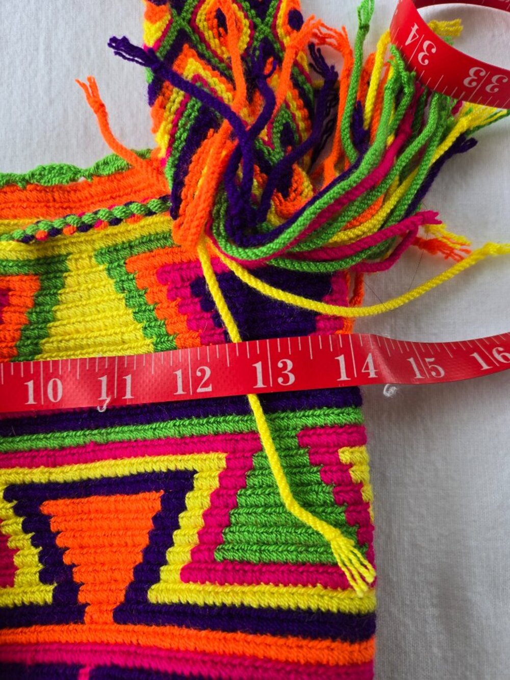 Wayuu Mochila Neon Bucket Purse Boho Chic Multicolor Pom Pom Handmade Crochet - Picture 5 of 7